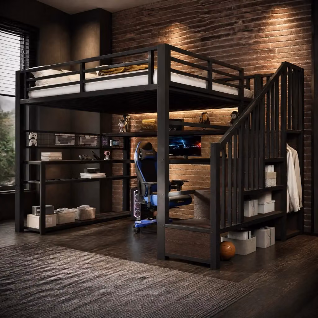 Letto a soppalco gaming REDOM con scrivania, armadio e illuminazione LED, in MDF e metallo, nero e multicolore, L/P/H: 200 x 140 x 251 cm – 2