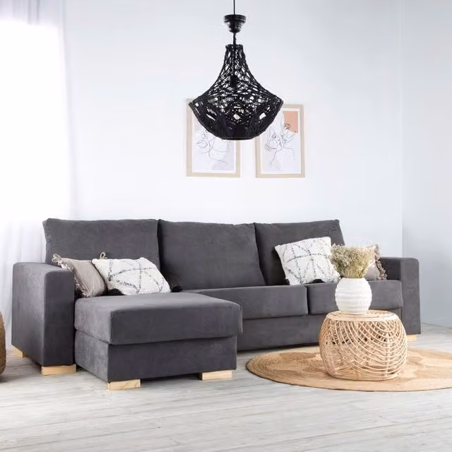 Divano letto Banak Dastyn a 3 posti con chaise longue a sinistra, modello L moderno in tessuto grigio con contenitore sollevabile per il tuo soggiorno – 1