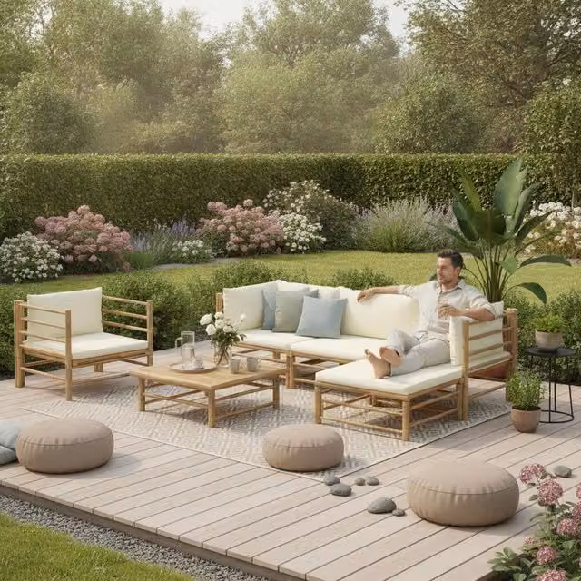 6-piece Garden Lounge Set With Cream-white Bamboo Cushions