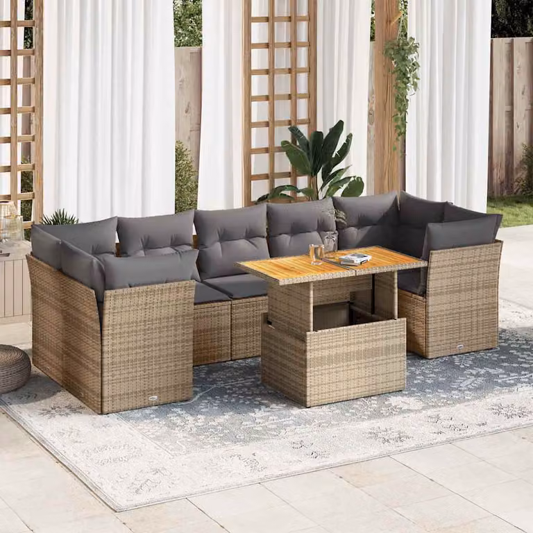 Set Divano da Giardino vidaXL 8 pz in Polyrattan con Cuscini Beige e Tavolino da Esterno