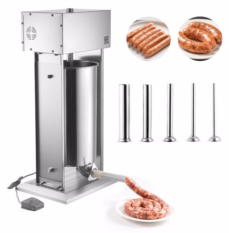 Insaccatrice - Insaccatrice elettrica verticale da 25 l - Acciaio inossidabile - Regolazione continua della velocità - Pedale - 5 bocchelli di riempimento - Per macellerie e uso domestico