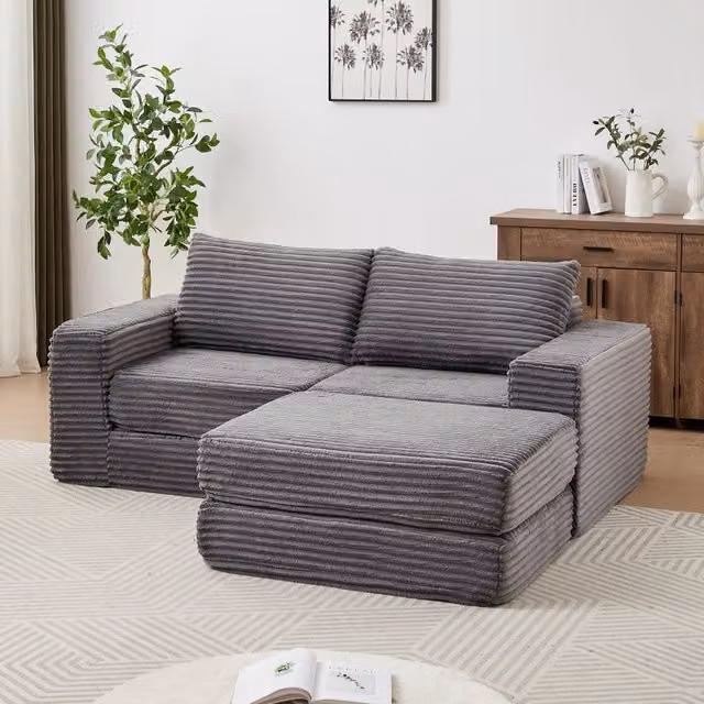 Divano Letto Modulare 2 in 1 con Pouf ¨C MINIMAL ¨C Velluto a Coste, Cuscini Inclusi