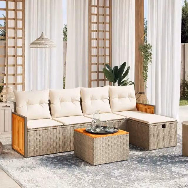 Set Divano da Giardino a L vidaXL in Polyrattan con Cuscini Beige e Struttura in Acciaio, 6 Pezzi – 1