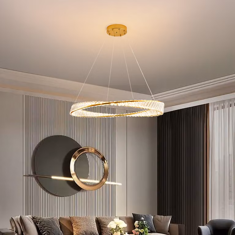 Lampada a sospensione LED 3016-800 large crystal clear con telecomando Colore della luce bianco caldo, bianco neutro fino a bianco freddo Regolabile in continuo Dimmerabile Struttura in metallo dorato Altezza regolabile 120 cm