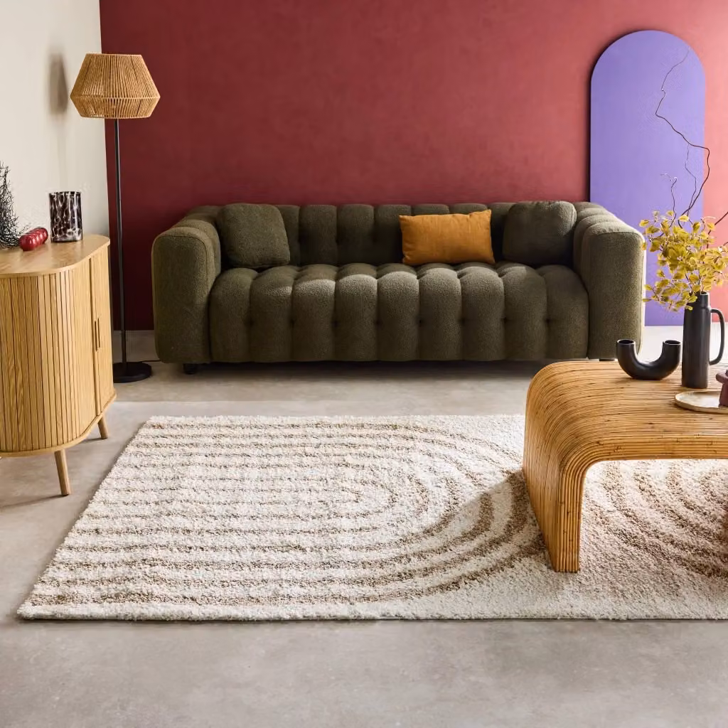 Tappeto Shaggy Sweeek con Motivi Geometrici Arcobaleno in Stile Scandinavo, Colore Beige, Ideale per Soggiorno e Camera da Letto – 2