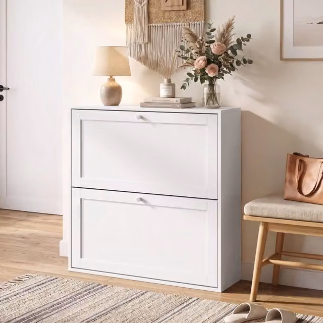 Scarpiera 80x20x84 cm con 2 vani a ribalta e ripiani regolabili in legno bianco