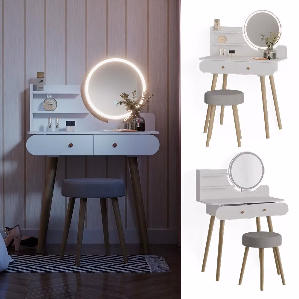 Tavolo da toeletta Vicco Hollywood con illuminazione LED e sgabello Bianco L: 80 cm, P: 40 cm, H: 121 cm – 2
