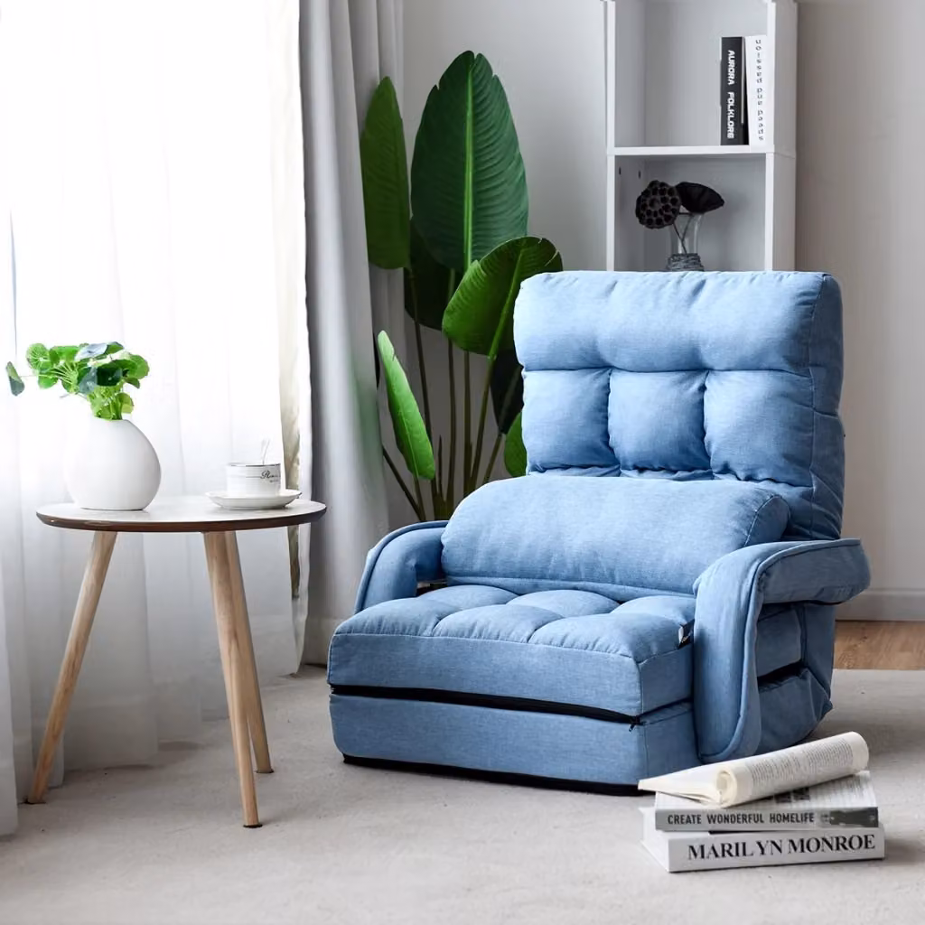 Divano letto pieghevole in tessuto blu con braccioli e struttura in metallo, regolabile in 5 livelli, L: 173 cm, P: 67 cm, H: 12 cm – 2