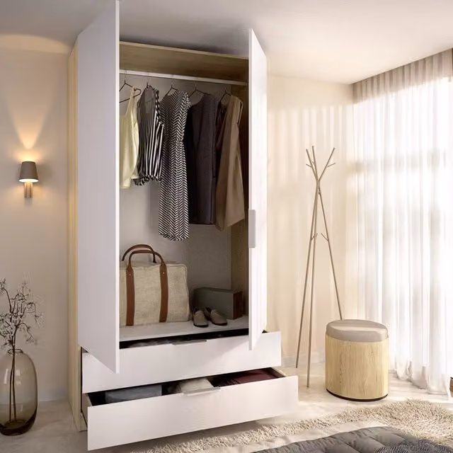 Armadio da camera da letto moderno DMORA con ante a battente, cassetti integrati e appendiabiti, finitura rovere bianco opaco, L: 51 cm, H: 204 cm – 1