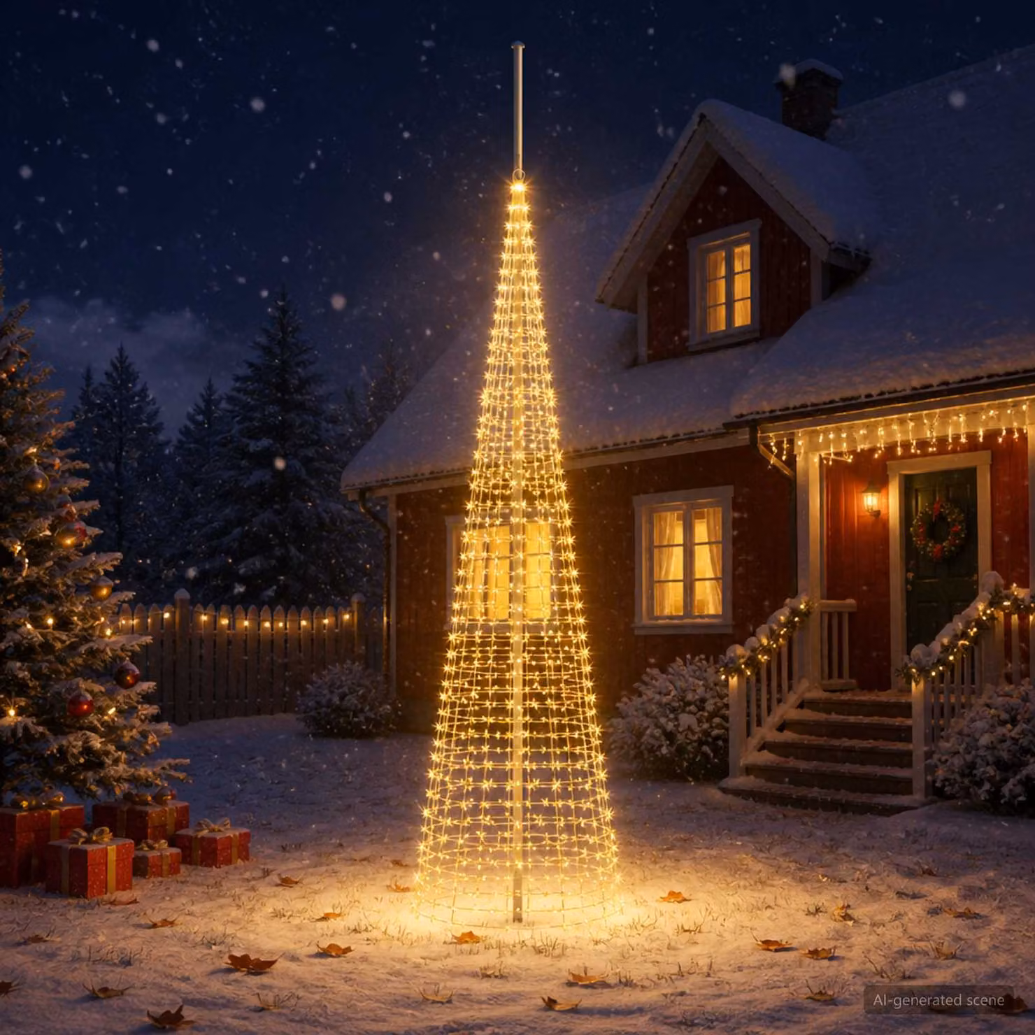 vidaXL Luci LED per Albero di Natale Bianco Caldo con Picchetti e Asta per Bandiera in Metallo