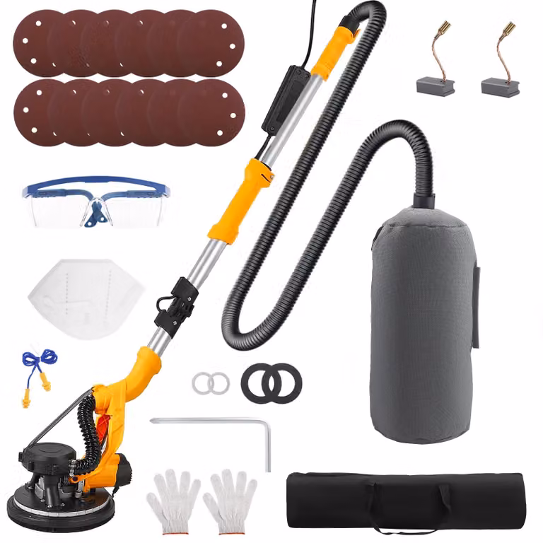 Levigatrice a secco elettrica per cartongesso con sistema di aspirazione della polvere - 6 velocità - Lunghezza regolabile da 133 a 170 cm - Illuminazione a LED - 12 fogli abrasivi - Alimentazione a batteria - Colore nero