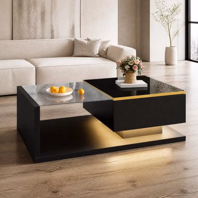 Tavolino da caffè 90 cm con piano in vetro temperato, finitura nero lucido e illuminazione LED dimmerabile