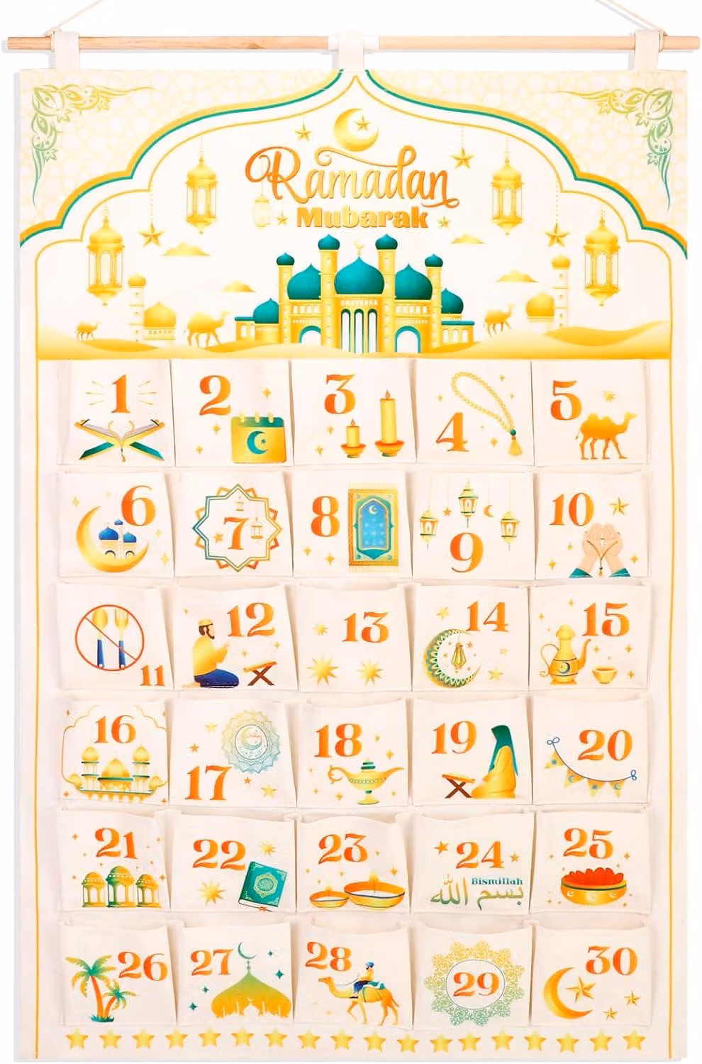 Calendario dell'Avvento - Calendario dell'Avvento in tessuto riutilizzabile Mubarak con 30 tasche, ideale per contare i giorni che mancano, da appendere. Decorazioni per la casa per l'Eid, colore bianco e oro