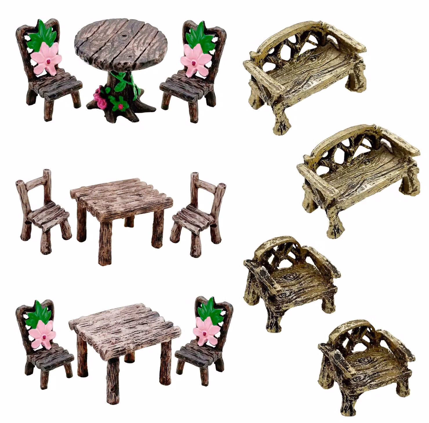 Set di mobili da giardino in miniatura, composto da 11 pezzi, inclusi tavolo e sedia, ideale per creare un piccolo giardino delle fate