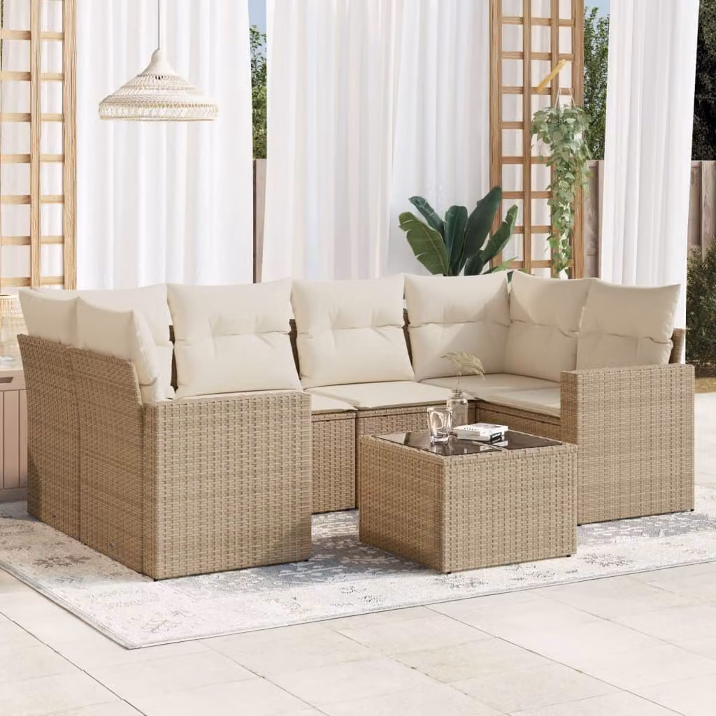 vidaXL Set Divani da Giardino 7 Pezzi a Forma di L con Tavolino in Vetro e Cuscini Beige in Polyrattan