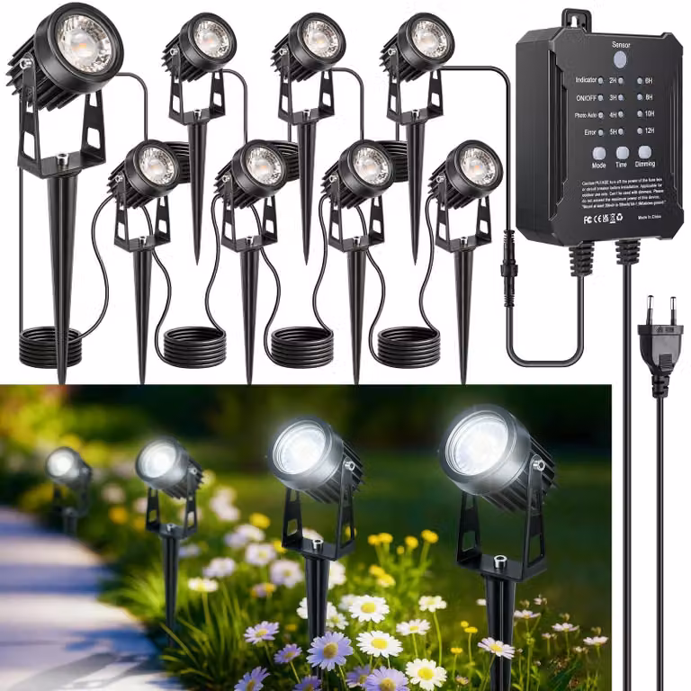 Set di 8 faretti da giardino a LED, 24 V, luce bianca fredda (5000-6000 K), grado di protezione IP65, con timer