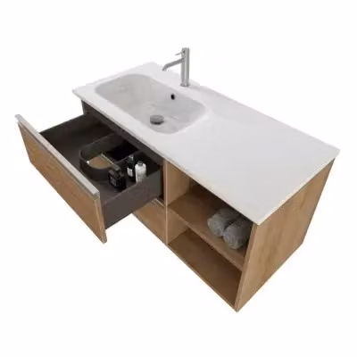 Mobile bagno sospeso Inbagno Master in rovere color marrone con lavabo a sinistra, cassetti, vani a giorno e specchio con illuminazione LED, Larghezza: 100 cm – 2