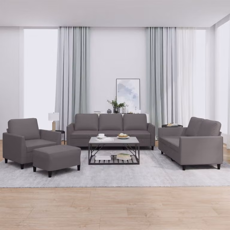 Set di divani vidaXL 4 pezzi in similpelle grigia con cuscini, comprendente divano a 3 posti, divano a 2 posti e pouf con design moderno per il tuo soggiorno