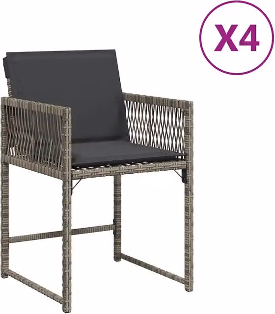 Set di 4 sedie da giardino moderne in polyrattan grigio con cuscini e braccioli