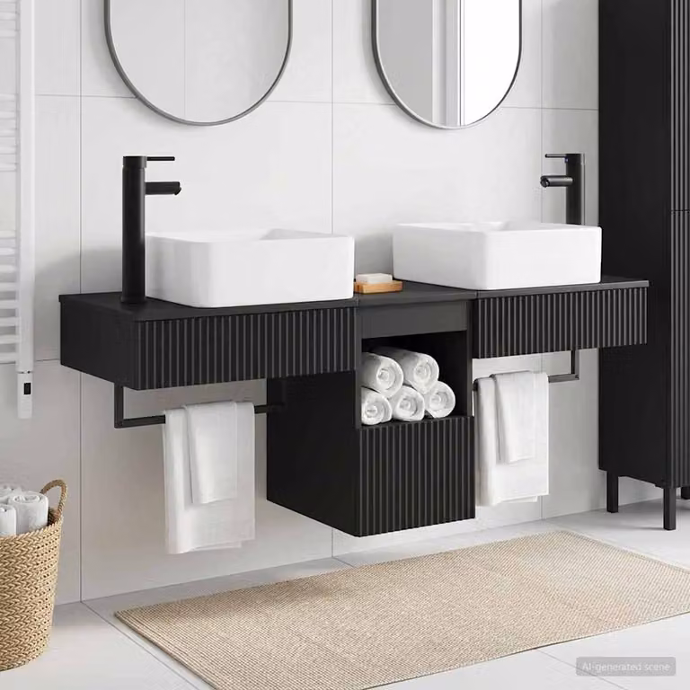 Set di mobili per il bagno moderno vidaXL in 3 pezzi nero opaco in legno MDF sospeso