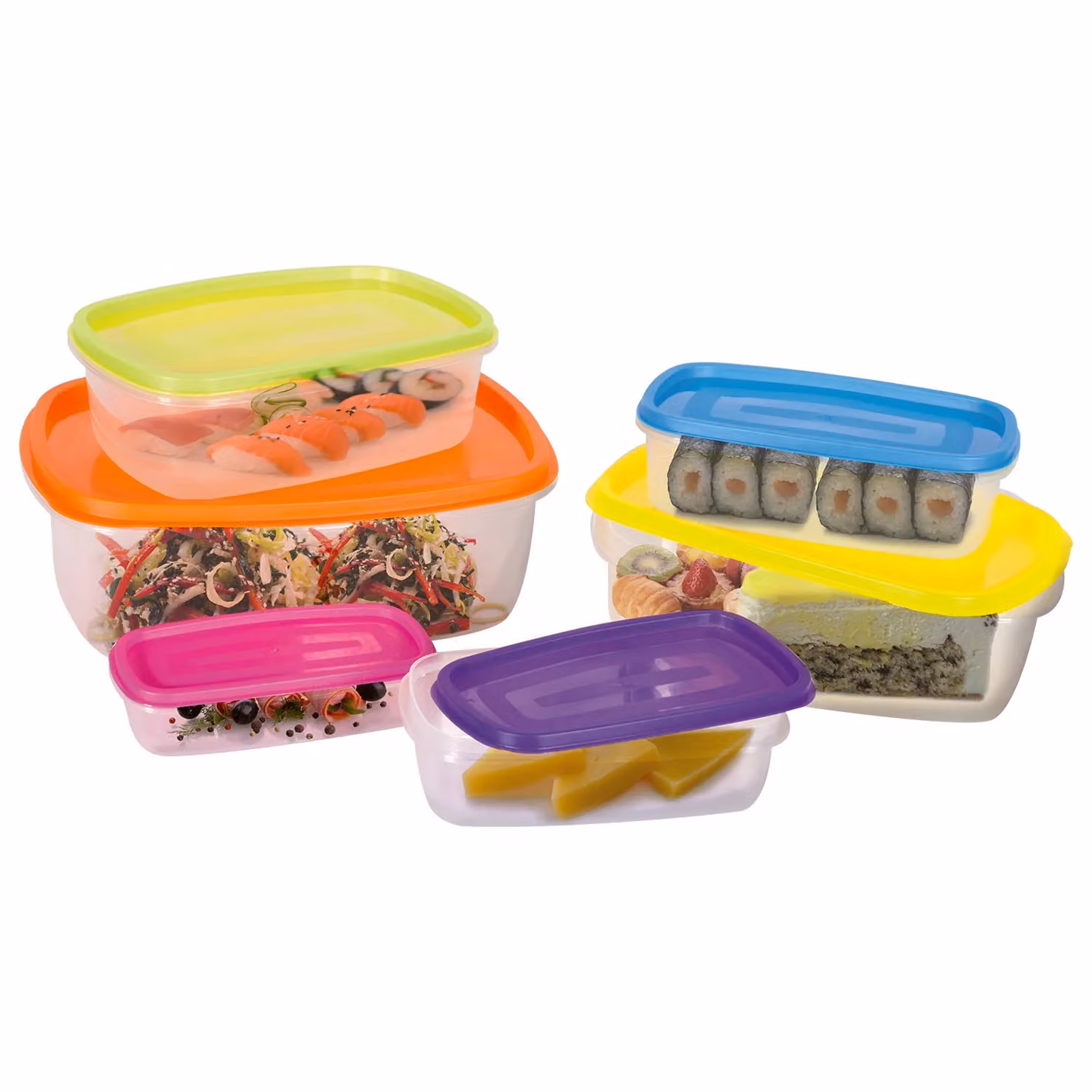 Set di 6 contenitori rettangolari ermetici Gusto Casa in plastica trasparente e multicolore, salvaspazio e impilabili, adatti a microonde, congelatore e lavastoviglie, senza BPA