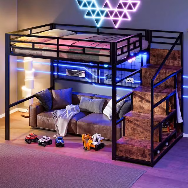 Letto a soppalco 140×200 cm con armadio, scala contenitore, LED a 7 colori, senza materasso, metallo nero