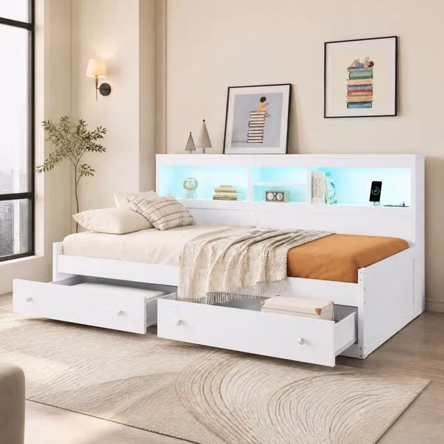 Letto singolo 90x200 cm bianco in truciolare e MDF con LED e 2 cassetti, senza materasso