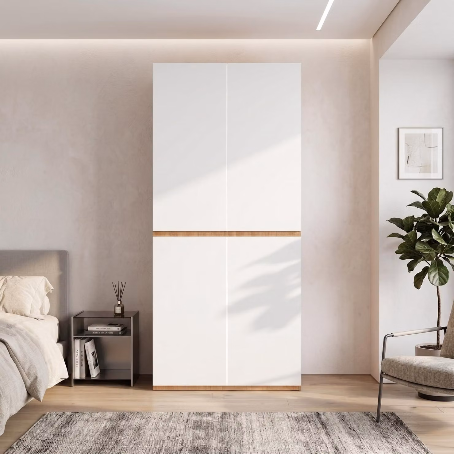 Armadio a colonna con asta appendiabiti, mobile guardaroba con ante e cassetti, mobile alto con spazio contenitivo, dimensioni 90x50x200 cm, colore naturale e bianco, materiale: legno