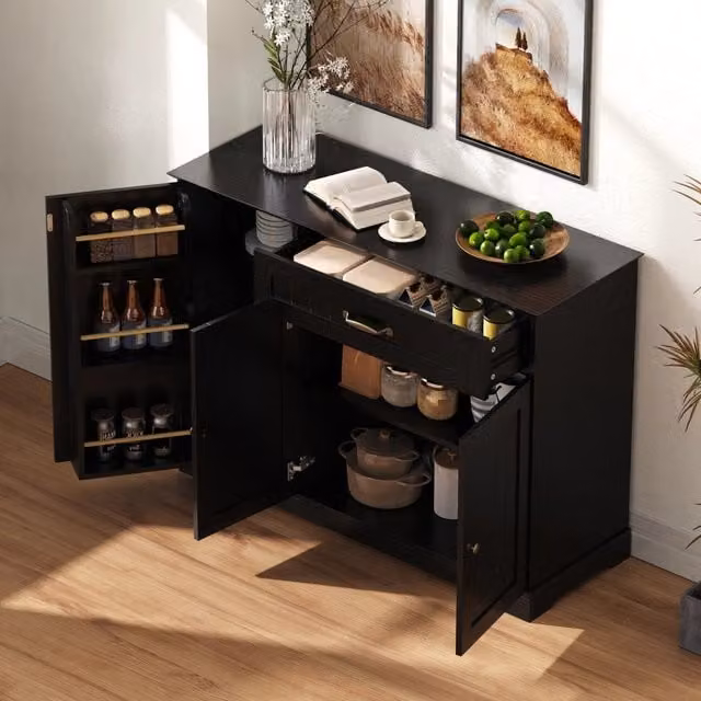Credenza con 3 ante e cassetto ripiani regolabili in MDF nera per ingresso soggiorno e sala da pranzo