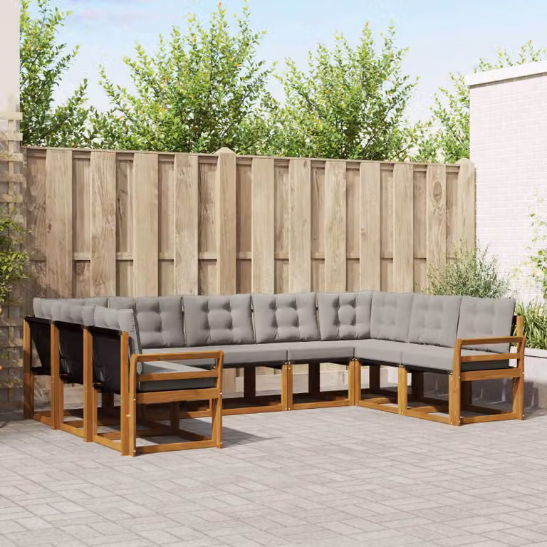 Set di divani da esterno vidaXL a forma di U composto da 9 pezzi in legno di acacia e tessuto textilene, colore grigio e marrone