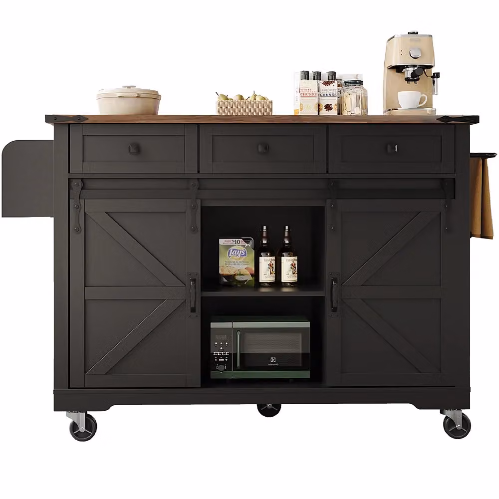 Isola cucina Xylo con 2 porte scorrevoli e 3 cassetti, colore nero, stile industrial, L: 94 cm, P: 53 cm, H: 73 cm – 2