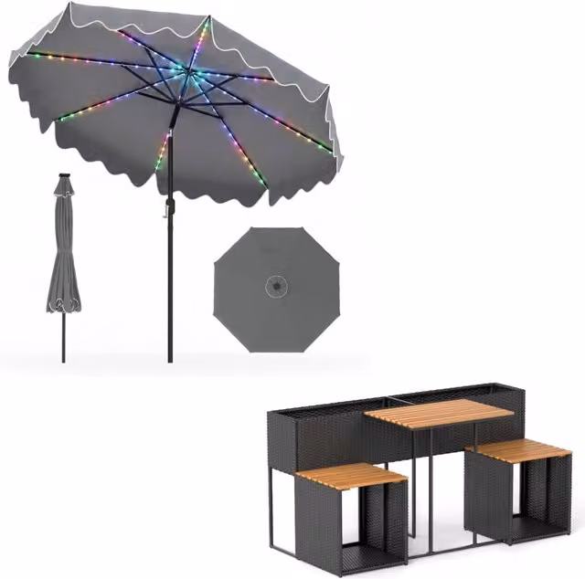 Ombrellone da esterno inclinabile 30¡ã e tavolo e sedie in rattan PE, Ombrellone da giardino e set di mobili da patio Nero