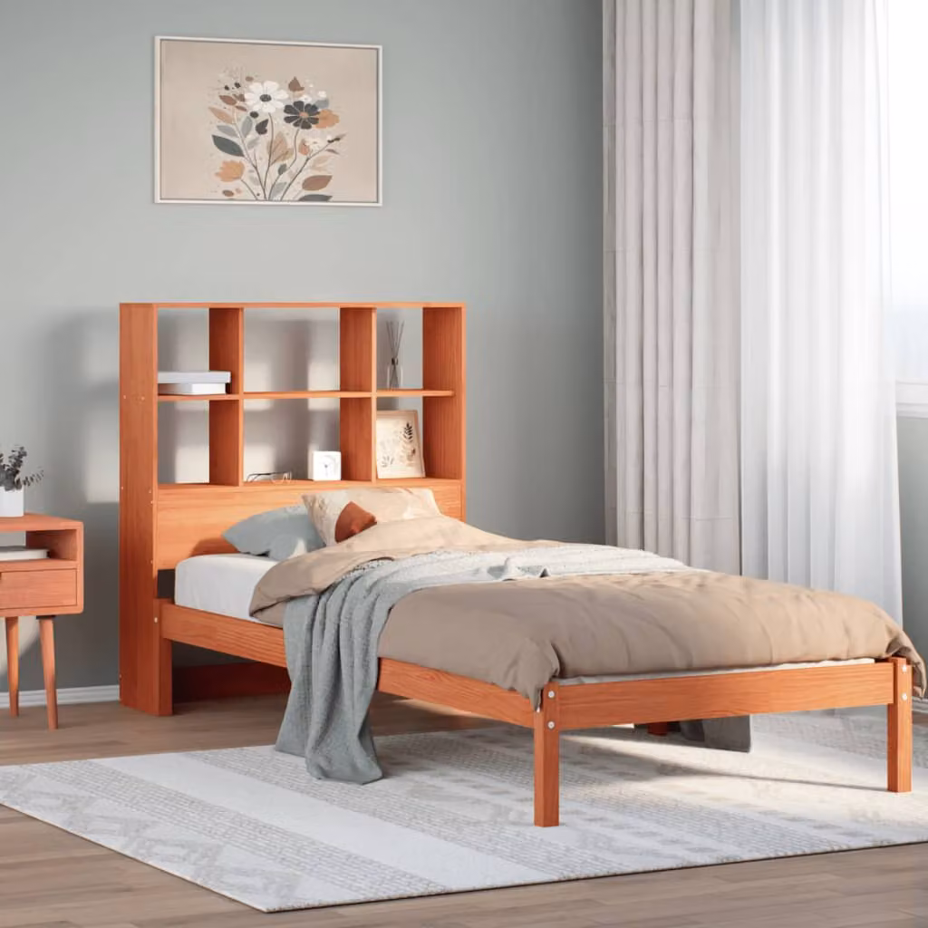 Letto Libreria vidaXL in Legno di Pino Massiccio Marrone Cera con Ripiani Laterali 100x200 cm