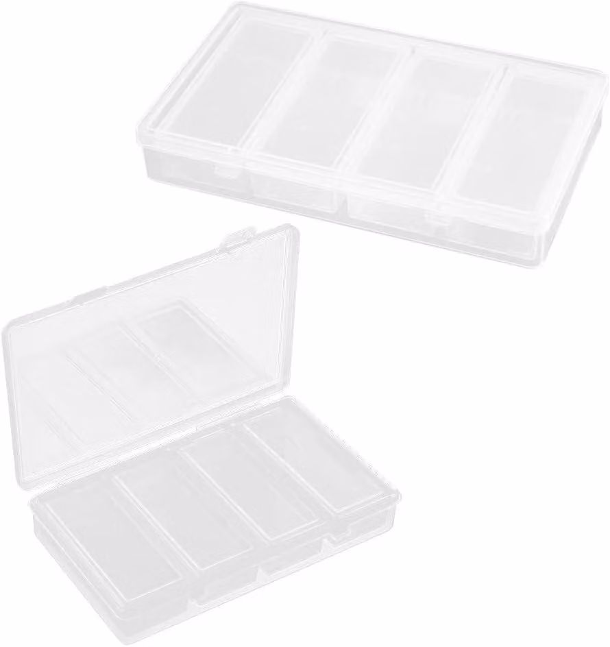 Contenitore di plastica, 2 set con 4 scomparti ciascuno, dimensioni 19,5 x 11,3 x 3 cm, per piccoli oggetti