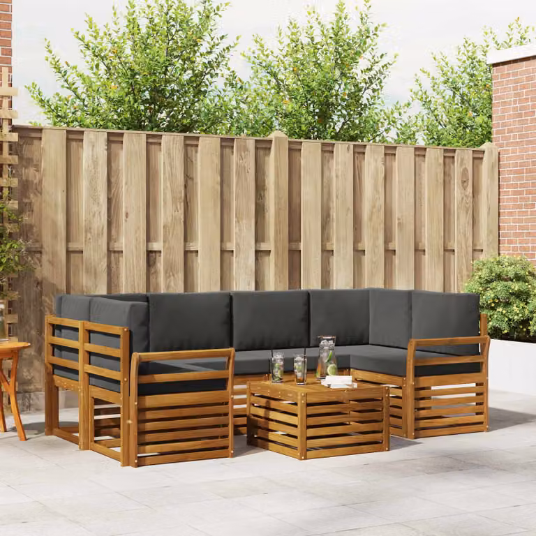 vidaXL Set di divani da esterno a L composto da 7 pezzi in legno di acacia con cuscini beige e antracite