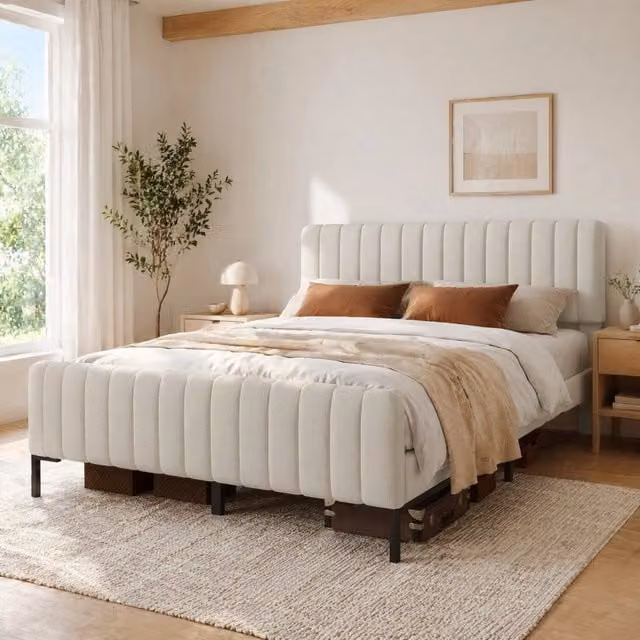 Letto matrimoniale imbottito 140 × 200 cm con rete a doghe testiera regolabile in legno lino e metallo grigio beige