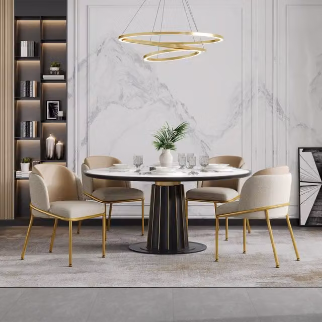 Sedie da pranzo, 4 pezzi in metallo e legno beige e kaki con schienale ergonomico e piedini regolabili