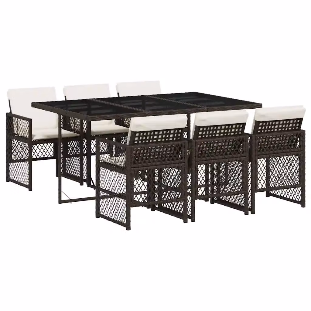 vidaXL Set da Pranzo da Giardino 7pz in Polyrattan Marrone con Piano in Vetro e Cuscini Bianchi – 2