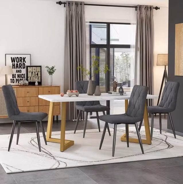 Set da pranzo 117x68x75 cm con 4 sedie in MDF; metallo e tessuto di lino grigio
