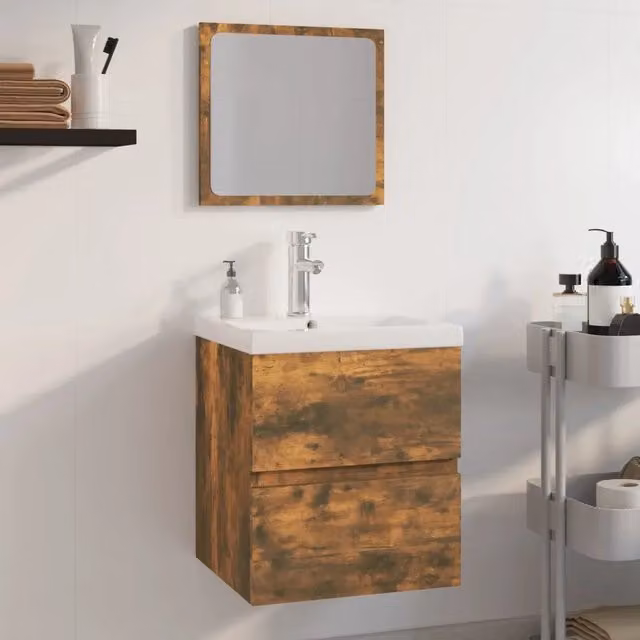 Set di mobili da bagno moderno vidaXL con mobile lavabo e armadietto specchio in legno rovere e bianco L/P/H: 45 x 38,5 x 41 cm