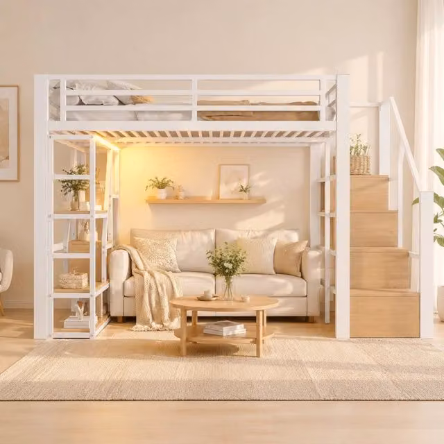 Letto a soppalco 140x200 cm con struttura in ferro, ripiani integrati, scale con contenitori e protezioni, LED colorati, bianco e nero
