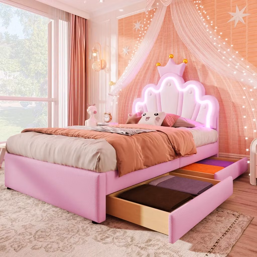 Letto Singolo per Bambini Chicfurn Rosa con 2 Cassetti, Illuminazione LED e Testiera Regolabile, L/P/H: 90 x 200 x 93 cm – 2