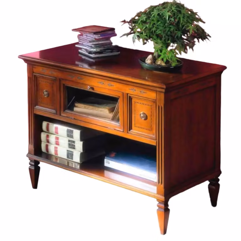 Porta TV classico in legno con 2 cassetti e 1 anta ribalta Mobili 2G finitura bassano marrone beige L 100 cm, P 51 cm, H 75 cm