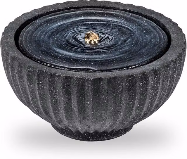 Fontana da giardino a forma di ciotola in stile rustico con effetto pietra, fontanella elettrica in fibra di vetro con luci e flusso d'acqua regolabile, colori nero e grigio, L: 45 cm, P: 45 cm, H: 23,5 cm