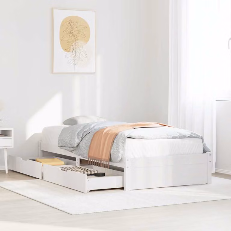 Letto vidaXL in legno massello di pino bianco con doghe fisse e cassetti L/P/H: 195.5 x 80 x 80.5 cm