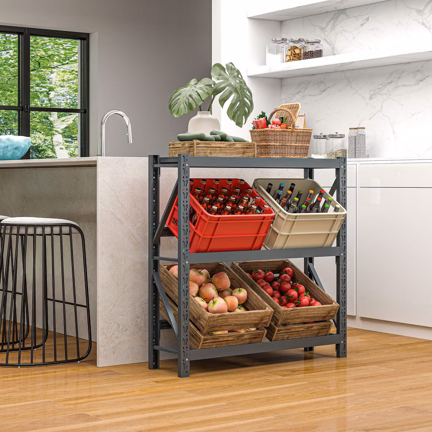 Scaffale autoportante HOMCOM a 3 livelli con ripiani regolabili per 6 casse di bevande, Grigio, L 110 cm x P 30 cm x H 110 cm – 2