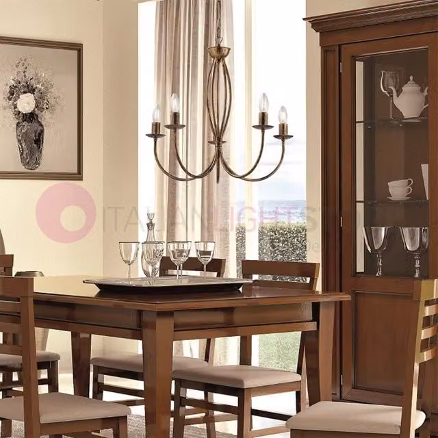 Lampadario a sospensione BAJA BELIGHT in metallo con 5 luci, stile classico, colore marrone e oro con paralumi in vetro trasparente, altezza regolabile