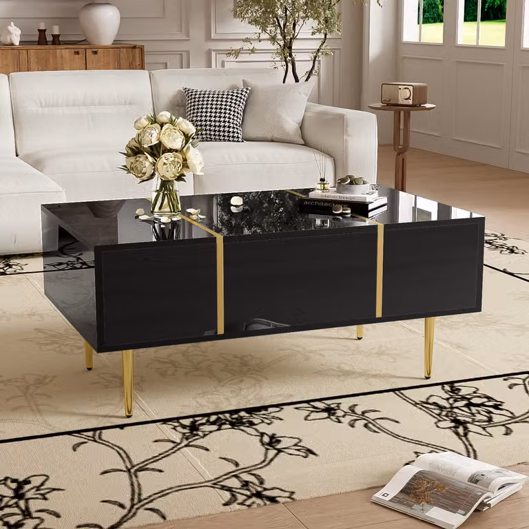 Merax Tavolino moderno in nero lucido, 2 cassetti, con accenti dorati ed elementi metallici dorati, tavolino da 100 x 60 x 41,5 cm
