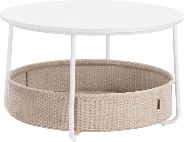 Tavolino rotondo con cesto in tessuto - Capacità di stoccaggio: 57,7 litri - Struttura in metallo - Diametro: 75 cm - Design moderno