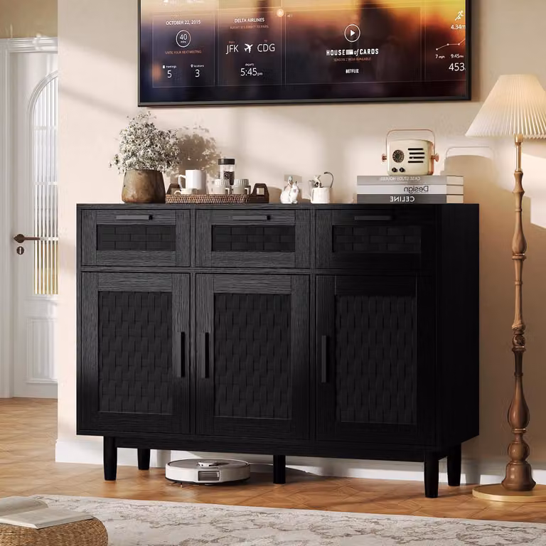 Mobile contenitore a buffet con 3 cassetti e 3 ante, colore nero, dimensioni 108x40x80 cm